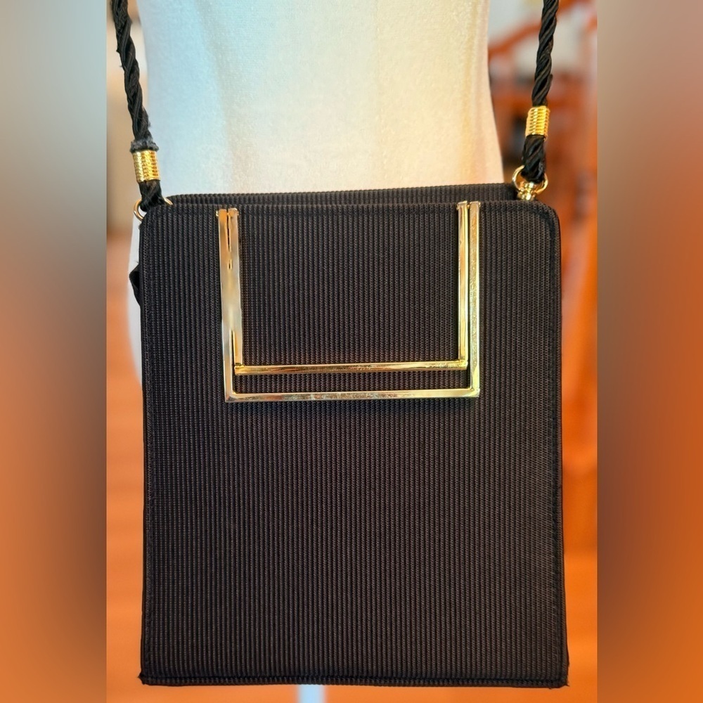 Vintage Black Rectangular Evening Crossbody Bag With Square Gold Handles